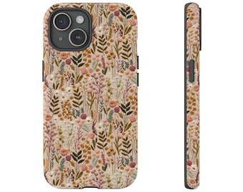 Étui de téléphone floral Boho broderie pour iPhone | Pixels | Samsung | Étui brodé de fleurs sauvages Cottagecore romantique |