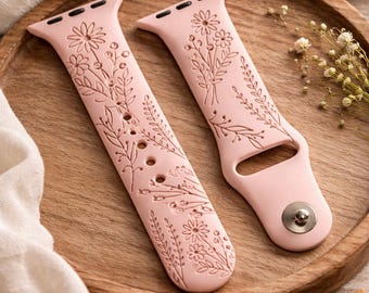 Wildflower Watch Band compatible with Apple Watch iWatch Band Silicone Watch 38/40/41 42/44/45 Strap Laser Engraved Mother Day Gift Present