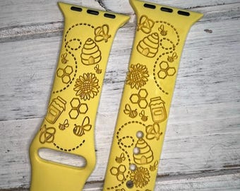 Bees and sunflowers watch band silicone laser engraved, apple watch compatible 38/40/41mm, 42/44/45mm, series 1,2,3,4,5,6,7,8,9,se,se2 gift