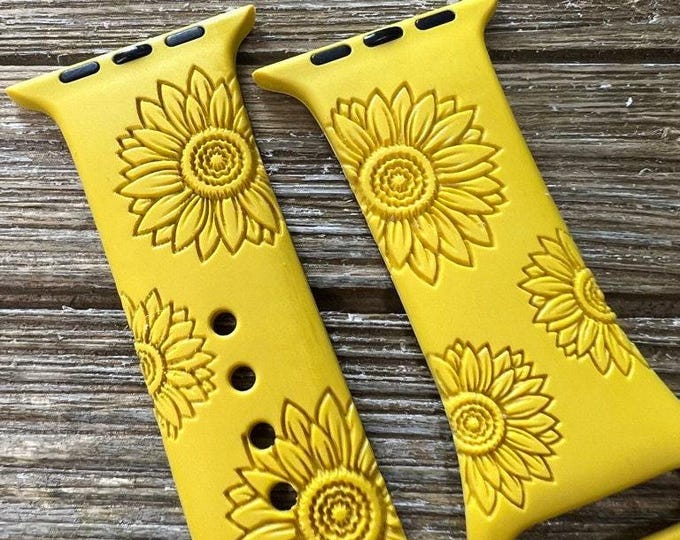 Sunflower Silicone Engraved Watch Strap With Fall Floral Watch Band Compatible Series 1-9 SE Sizes 38-49