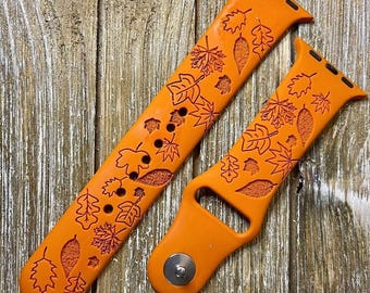 Autumn fall leaves silicone band laser engraved, apple watch compatible 38/40/41mm, 42/44/45mm, series 1,2,3,4,5,6,7,8,9,se,se2