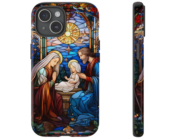 Christmas Nativity Tough Case, iPhone 16 15 14 Galaxy Pixel Phone Case, Christmas Gift, Tough Phone Cover Stained Glass Winter Cover,