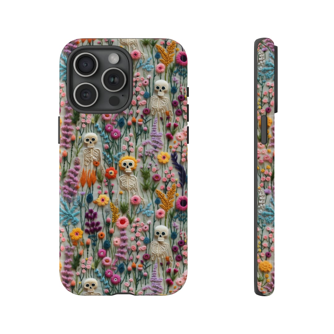Vintage Skeletons in Bloom Phone Case iPhone Samsung Embroidered Floral