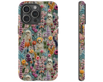 Vintage Skeletons in Bloom Phone Case iPhone 16 15 Samsung Embroidered Floral Charm Phone Cover Halloween Cottagecore Halloween Phone Case