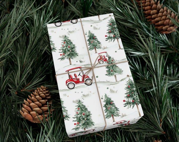 Golf Gift Wrapping Paper Roll, Christmas Gift Wrap for Him, Glossy Golf Cart Gift Wrap - Holiday Golf Gift Wrap, Golf Themed Wrapping Paper,