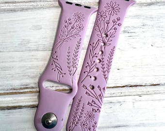 Wildflower silicone band laser engraved, apple watch compatible 38/40/41mm, 42/44/45mm, series 1,2,3,4,5,6,7,8,9,se,se2 gift