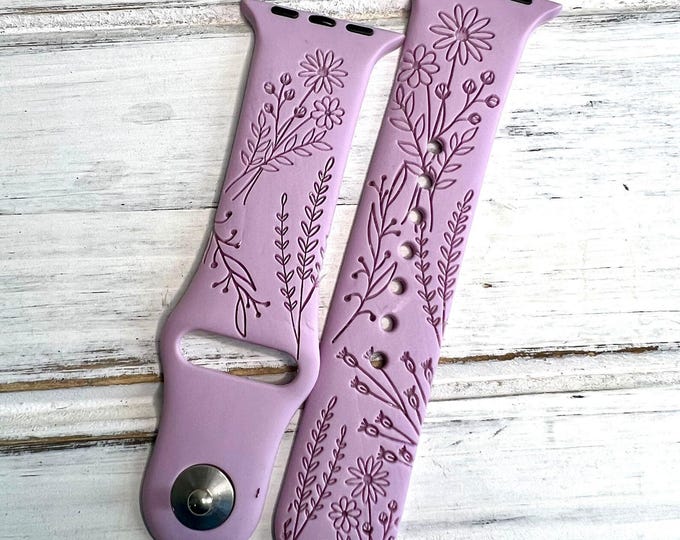 Wildflower silicone band laser engraved, apple watch compatible 38/40/41mm, 42/44/45mm, series 1,2,3,4,5,6,7,8,9,se,se2 gift