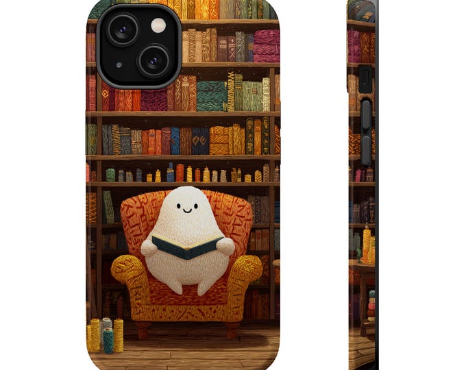 Cute Ghost Phone Case -  Embroidered Look Tough Case for Book Lovers | Cute Halloween Autumn Aesthetic | iPhone MagSafe Case