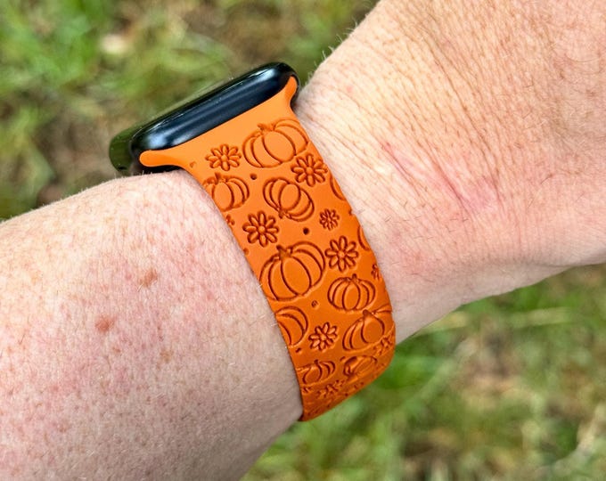 Autumn fall watch band for apple watch silicone band laser engraved 38/40/41/42/44/45/49mm series 2,3,4,5,6,7,8,9,10 se, se2 pumpkins design