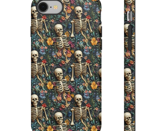 Vintage Skeletons in Bloom Phone Case iPhone | Pixel | Samsung | Embroidered Floral Charm Phone Cover | Halloween Cottagecore