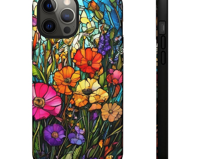 Floral Stained Glass Effect iPhone 16 Pro Plus 15 14 13 Pro Max Plus Cases | Cute Floral Wildflowers | Samsung s24, Pixel 9