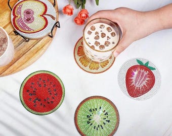 Diamond Painting Art Coaster Set with Holder – Fruit Theme