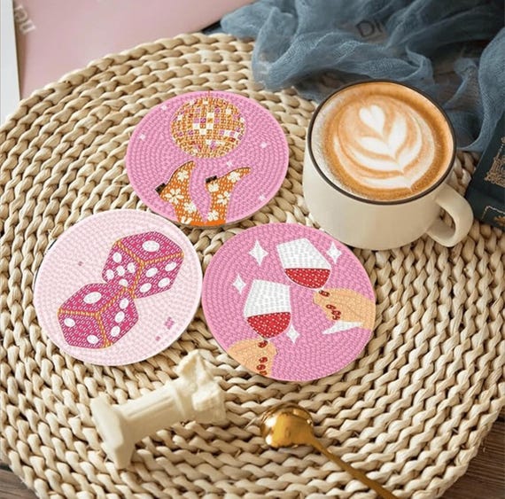 Diamond Art Painting Coasters With Holder - Pink Party Theme