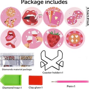 May include: A diamond painting kit with eight pink round coasters, each with a unique design. The kit includes diamond materials, a tray, clay glue, a pen, and a coaster holder. The coasters are 3.81 inches in diameter.