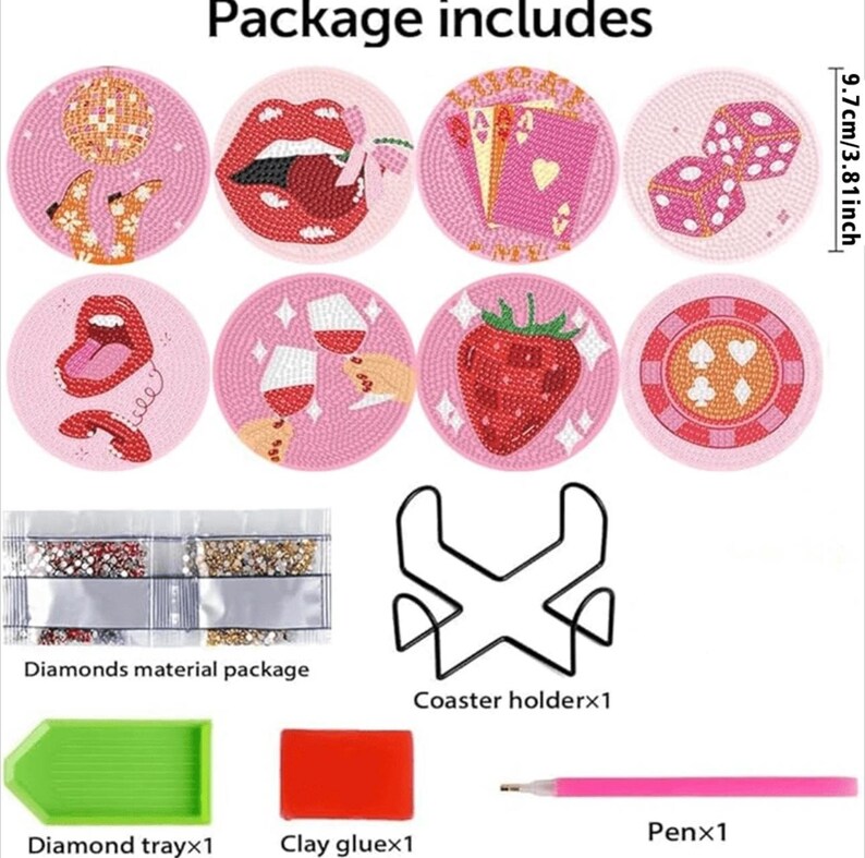 May include: A diamond painting kit with eight pink round coasters, each with a unique design. The kit includes diamond materials, a tray, clay glue, a pen, and a coaster holder. The coasters are 3.81 inches in diameter.