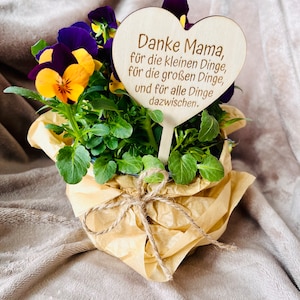 May include: A small potted plant with purple and yellow flowers, wrapped in brown paper and tied with twine. A wooden heart-shaped sign with the text "Danke Mama, f&uuml;r die kleinen Dinge, f&uuml;r die gro&szlig;en Dinge, und f&uuml;r alle Dinge dazwischen." is attached to the plant.