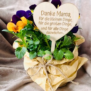 May include: A heart-shaped wooden sign with the text "Danke Mama, f&uuml;r die kleinen Dinge, f&uuml;r die gro&szlig;en Dinge, und f&uuml;r alle Dinge dazwischen." The sign is placed in a small potted plant with purple and yellow flowers.