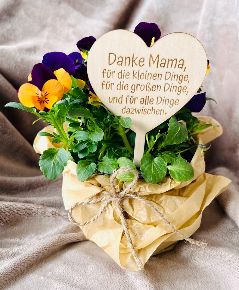 May include: A heart-shaped wooden sign with the text "Danke Mama, f&uuml;r die kleinen Dinge, f&uuml;r die gro&szlig;en Dinge, und f&uuml;r alle Dinge dazwischen." The sign is placed in a small potted plant with purple and yellow flowers.