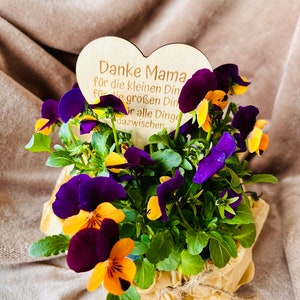 May include: A potted plant with purple and yellow flowers. A wooden heart-shaped sign with the text "Danke Mama f&uuml;r die kleinen Dinge f&uuml;r die gro&szlig;en Dinge und alle Dinge dazwischen" is placed in the pot.