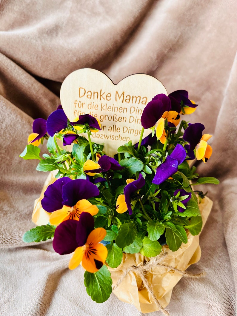 May include: A potted plant with purple and yellow flowers. A wooden heart-shaped sign with the text "Danke Mama f&uuml;r die kleinen Dinge f&uuml;r die gro&szlig;en Dinge und alle Dinge dazwischen" is placed in the pot.