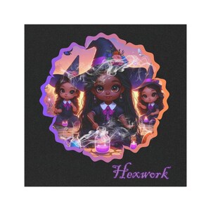 May include: Three young witches wearing black hats and dresses with purple accents are casting spells with glowing wands. They are surrounded by purple smoke and glowing jars. The image has the text "Hexwork" at the bottom.
