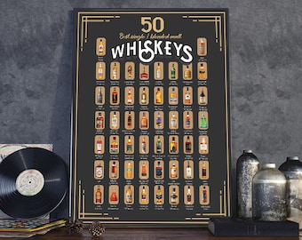 50 Best Bourbons or Whiskey Scratch Off Poster - For Whiskey Lover, Bar, Game Room or Man Cave -  Chistmas Gift for him