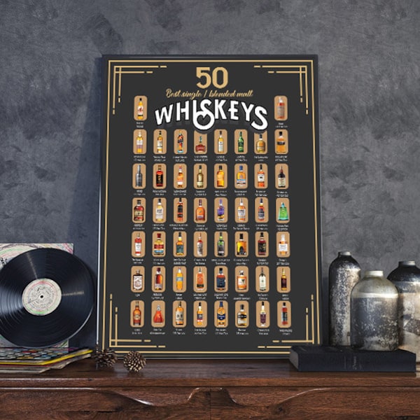 50 Best Bourbons or Whiskey Scratch Off Poster - For Whiskey Lover, Bar, Game Room or Man Cave -  Chistmas Gift for him