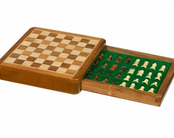 Magnetic Wooden Chess Set 7 Inches (18 cm) with Inlaid Chess Board and Drawer - Mini travel chess set - portable chess set