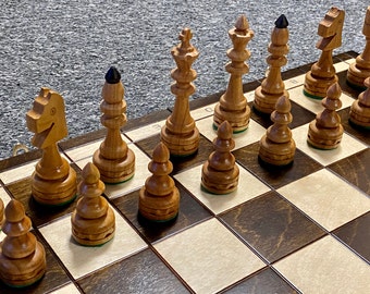 Chess - Handmade beech and birch chessboard with cherry wood figures - Beautifully detailed - Unique chess set 19" - Perfect gift for him