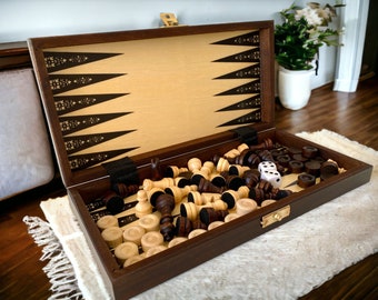 Holzset Brettspiele 3 d 1 - Schachset, Dame, Backgammon - Brettgröße: 275x135x40 mm - Holz-Dame-Set