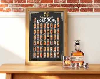 Whiskey poster - 50 Best Bourbons Scratch Off Poster - For Bourbon Lover, Bar, Game Room or Man Cave -  Great Ghistmas Gift  for Father