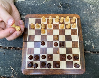 Mini wooden Chess Set - Magnetic chess with inlaid chess board 18 cm - Universal gift - 7.2 x 7 x 0.7 inch - best friend gift