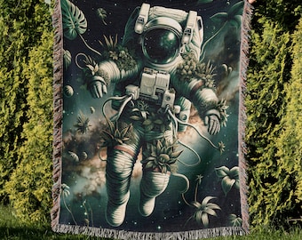 Plantstranaut House Plant Astronaut Space Woven Blanket - Colorful Cotton Throw, Hypoallergenic, Cozy Home Decor