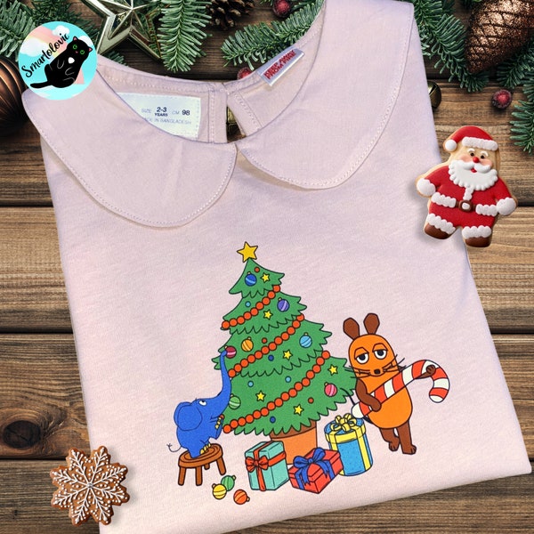Weihnachtsshirt für Mädchen mit Bubikragen - Weihnachtsgeschenk für Kinder - Maus und Elefant - Größe 2 - 3 Jahre - 98cm - rosa/altrosa