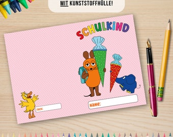 Geschenk zur Einschulung - Schulkind - Erstklässler -  Schulhefthülle DIN A5 - Motiv: "Schulkind mit Maus + Elefant - rosa