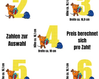 Iron-on picture for self-designing birthday shirts etc. - "Mouse + elephant yellow number" - digits / numbers 2 to 6