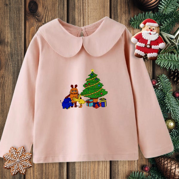 Weihnachtsshirt für Mädchen mit Bubikragen - Weihnachtsgeschenk für Kinder - Maus und Elefant - Größe 4-5 Jahre - 110 - rosa/altrosa