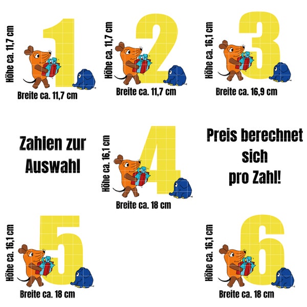 Bügelbild zur Selbstgestaltung von Geburtstagsshirts etc.  - "Maus + Elefant gelbe Zahl"  - Ziffern / Zahlen 2 bis 6