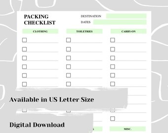 May include: A printable packing checklist with sections for clothing, toiletries, carry-on items, and miscellaneous items. The checklist is available in US Letter size and is a digital download.