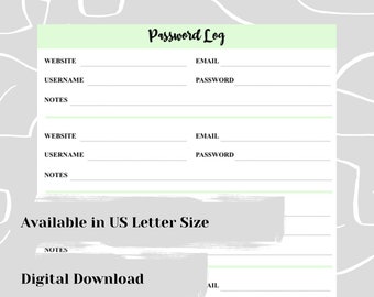 Journal de mot de passe - Personnel, Entreprise, Productivité, Sécurité, Bureau, Imprimable, Remplissable, Taille de lettre US, Téléchargement instantané