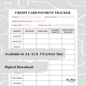 Rastreador de pagos con tarjeta de crédito: planificador, personal, comercial, productividad, imprimible, rellenable, tamaño de carta A4, A5 y US, descarga instantánea