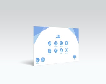 Può includere: Uno schermo blu e bianco con icone che rappresentano diverse funzionalità di un marketplace online. Le icone includono un carrello della spesa, una persona, un calendario, un globo, un'etichetta e un grafico. Il testo "Analytics" e "Settings" è visibile nella parte inferiore dello schermo.