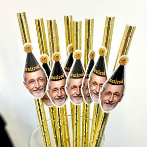 Cannucce personalizzate per il viso - Cannuccia Happy Retirement - Decorazioni per feste di pensionamento - Bastoncino da cocktail per feste in ufficio - Festa di pensionamento per uomini