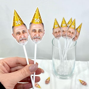 Agitadores de bebidas personalizados para o rosto - Agitador de coquetéis para o 50º aniversário - Decorações para festa de 50º aniversário para mulheres e homens - Decoração engraçada para o 50º aniversário