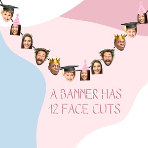 May include: A banner with 12 face cutouts, featuring diverse faces with graduation caps, party hats, and crowns. The banner is strung against a backdrop of pink and blue pastel colors.