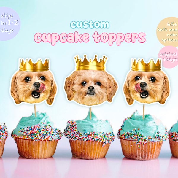 Custom Dog Head Cupcake Toppers, Custom Pet Face Birthday Decorations