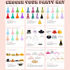 May include: A guide to party hats, crowns, and headwear. Includes options for sunlight, space, and pastel dot patterns, as well as bride and groom, jobs, and retirement themes. Also features birthday crowns with numbers and colorful options. Text reads: "CHOOSE YOUR PARTY HAT."