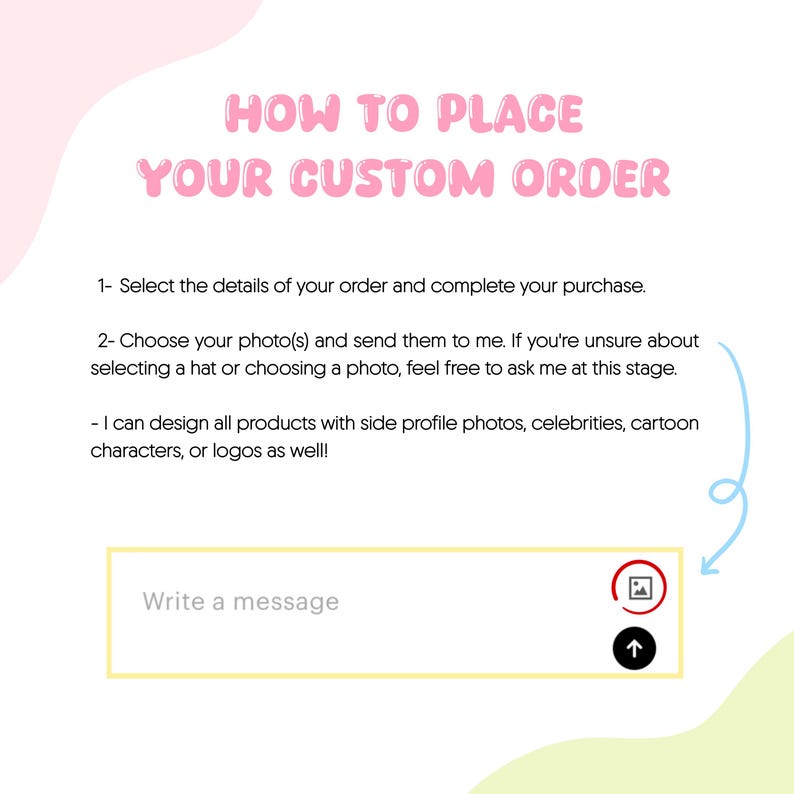 May include: A pink and white graphic with instructions on how to place a custom order. The text reads "HOW TO PLACE YOUR CUSTOM ORDER" and provides steps for selecting details, choosing photos, and sending a message. An image upload icon and an arrow are also visible.