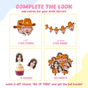 K&ouml;nnte beinhalten: Werbebild mit dem Text &bdquo;COMPLETE THE LOOK&ldquo; und &bdquo;add extras for your drink stirrers&ldquo;. Das Bild zeigt Partyzubeh&ouml;r, darunter Gesichtsaufkleber, ein Gesichtsbanner, Cupcakes und Konfetti. Das Gesichtsbanner ist etwa 3,5 Meter lang.
