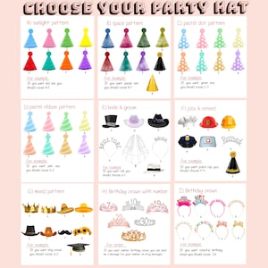 May include: A guide to party hats, crowns, and headwear. Includes options for sunlight, space, pastel, ribbon, bride & groom, jobs & retired, mixed patterns, and birthday crowns. Text reads "CHOOSE YOUR PARTY HAT".